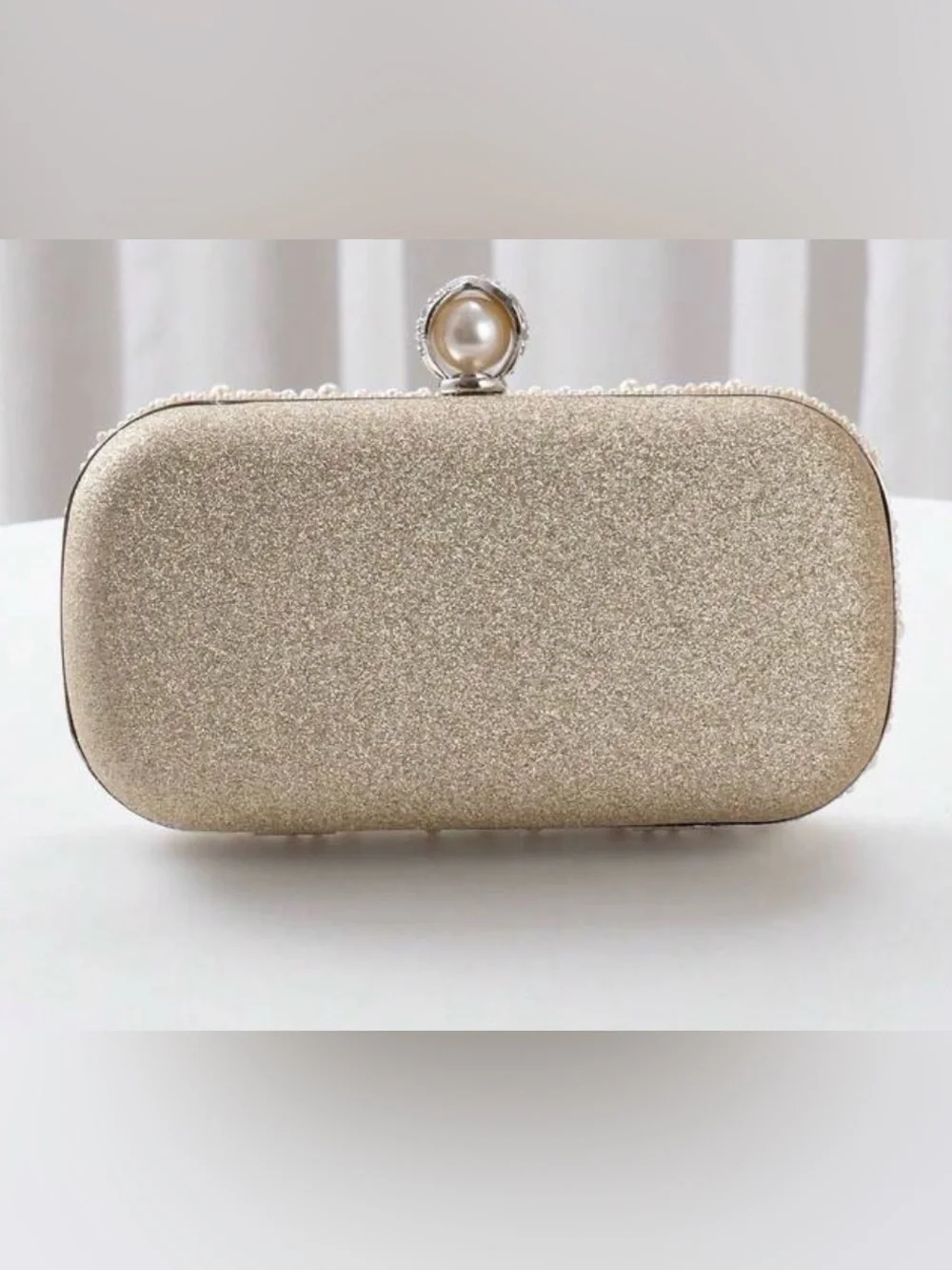 Pearl & Crystal Embellished Clutch - Apricot